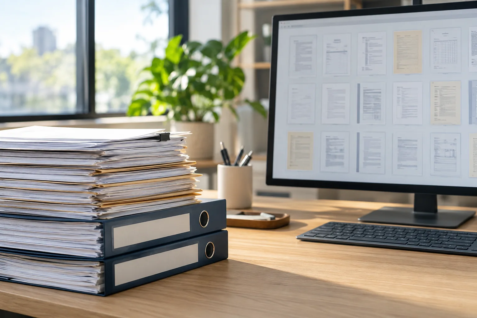 Paper records beside a computer displaying organized digital files
